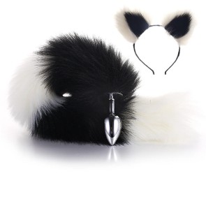 Black-White Furry Tail Anal Plug with White-Black Headdress