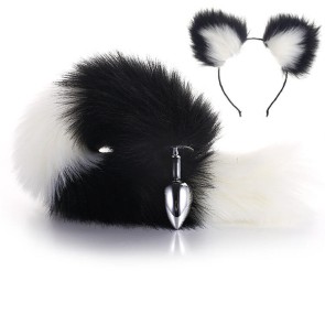 Black-White Furry Tail Anal Plug with Black-White Headdress