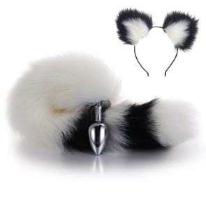 More-White-Less-Black Furry Tail Anal Plug with Black-White Headdress
