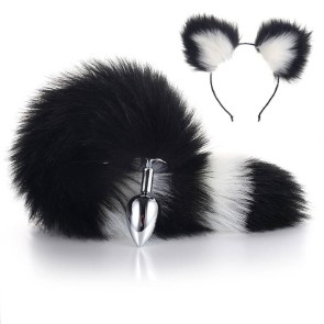 More-Black-Less-White Furry Tail Anal Plug with Black-White Headdress 