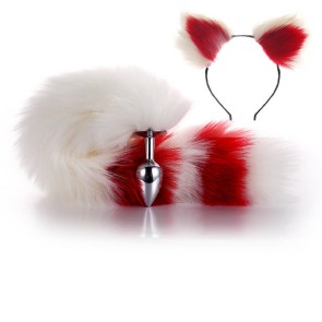 More-White-Less-Red Furry Tail Anal Plug with Headdress