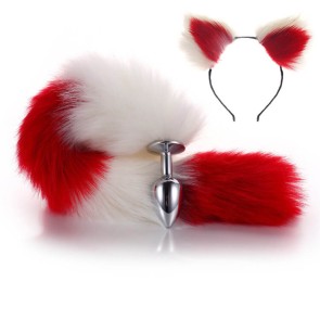 White-Red Furry Tail Anal Plug with Headdress