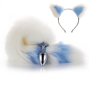 More-White-Less-Blue Furry Tail Anal Plug with Headdress
