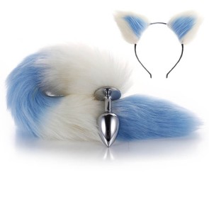 White-Blue Furry Tail Anal Plug with Headdress