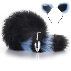 More-Black-Less-Blue Furry Tail Anal Plug with Headdress