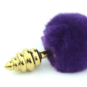 Purple rabbit tail with stainless steel twist gold plug