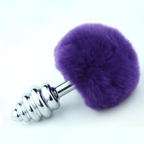 Purple rabbit tail with stainless steel twist silver plug