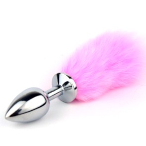 Pink bunny tail with stainless steel silver anal plug